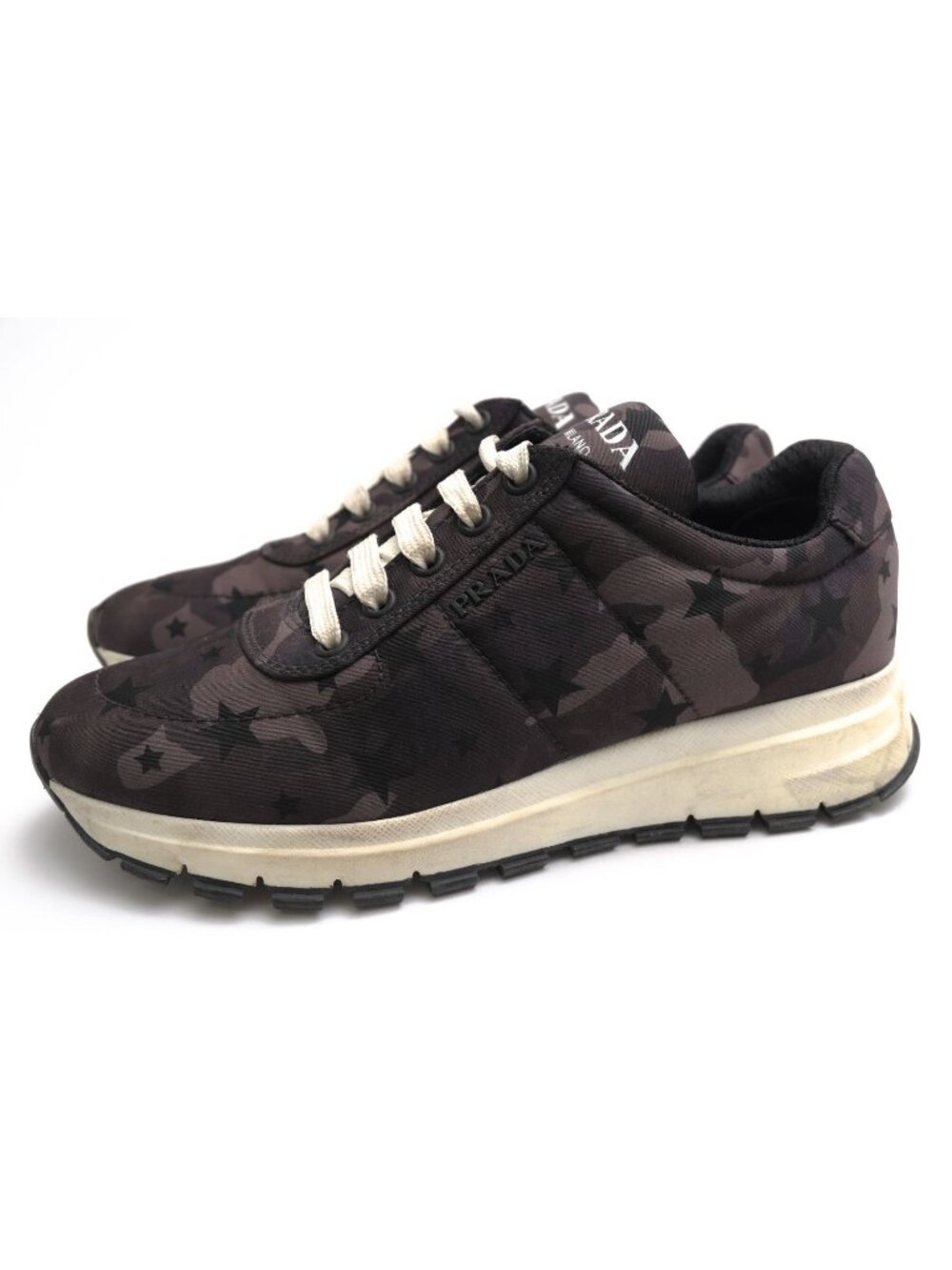 Prada Sneakers Low Cut Nylon Leather Gray Piuma Camouflage Pattern